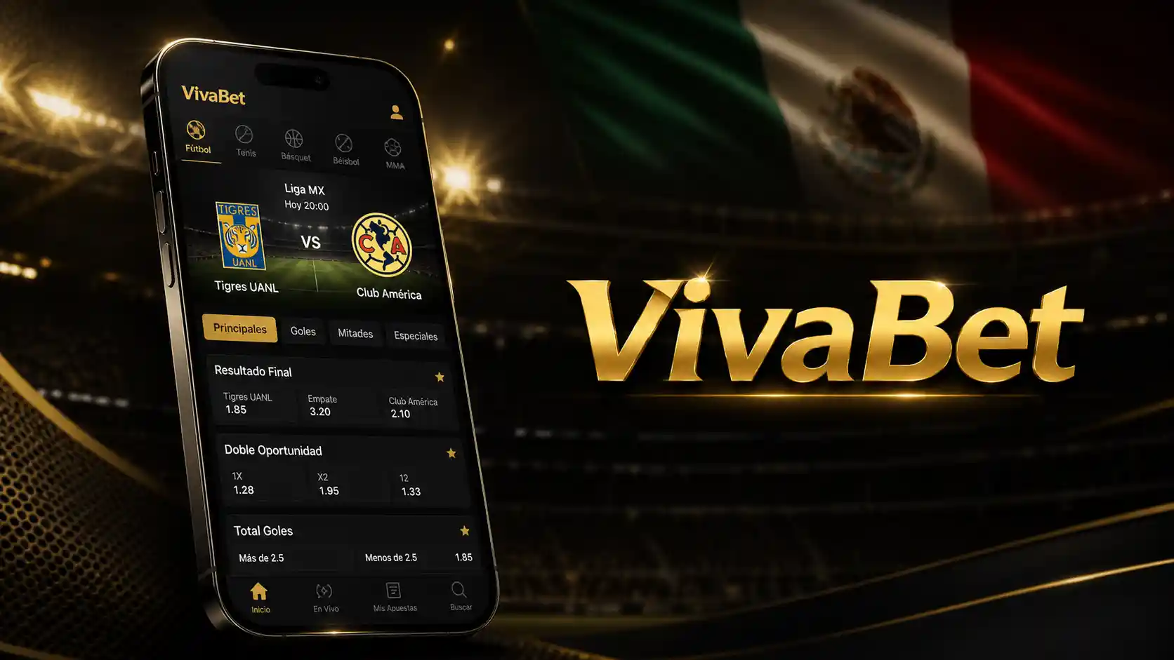 Mercados y momios deportivos de Vivabet en un celular