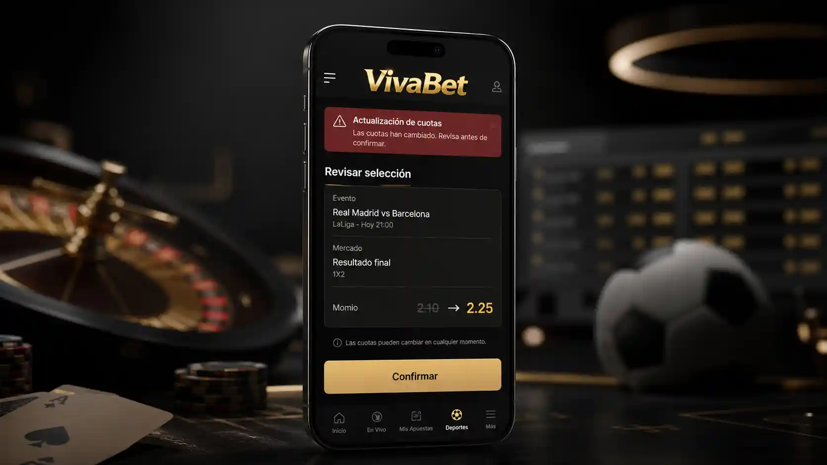 Revisión de cambios en los momios de Vivabet desde el móvil
