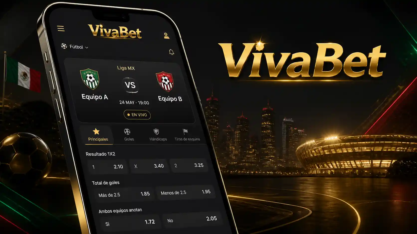 Ficha de un partido con mercados y momios en la app de Vivabet