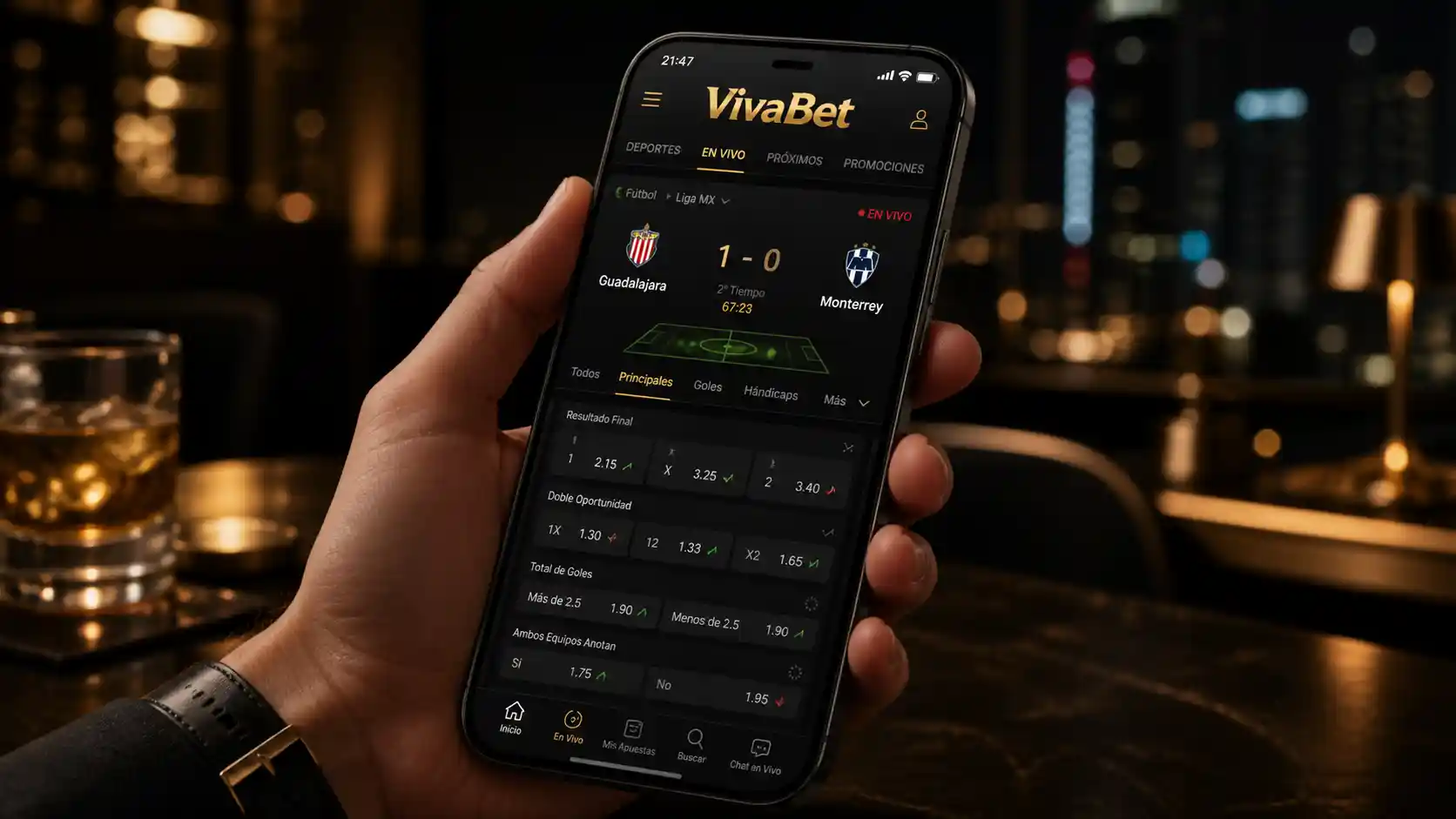 Consulta de un partido en vivo desde la aplicación móvil de Vivabet