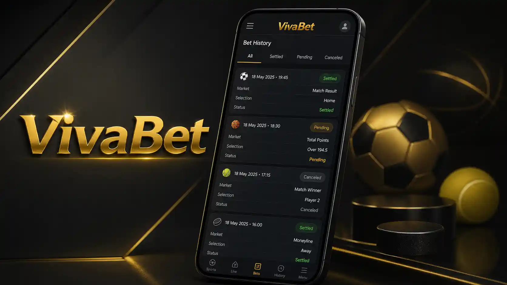 Historial de apuestas móviles de Vivabet en un celular