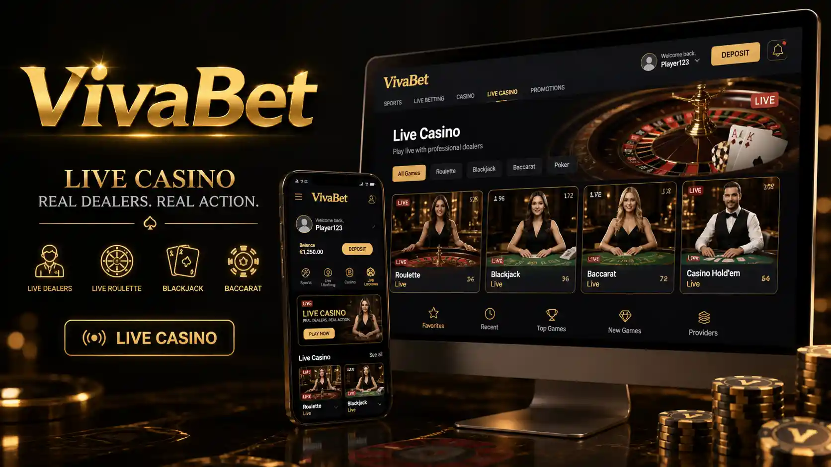 Acceso de Vivabet al casino en vivo desde un celular y una computadora
