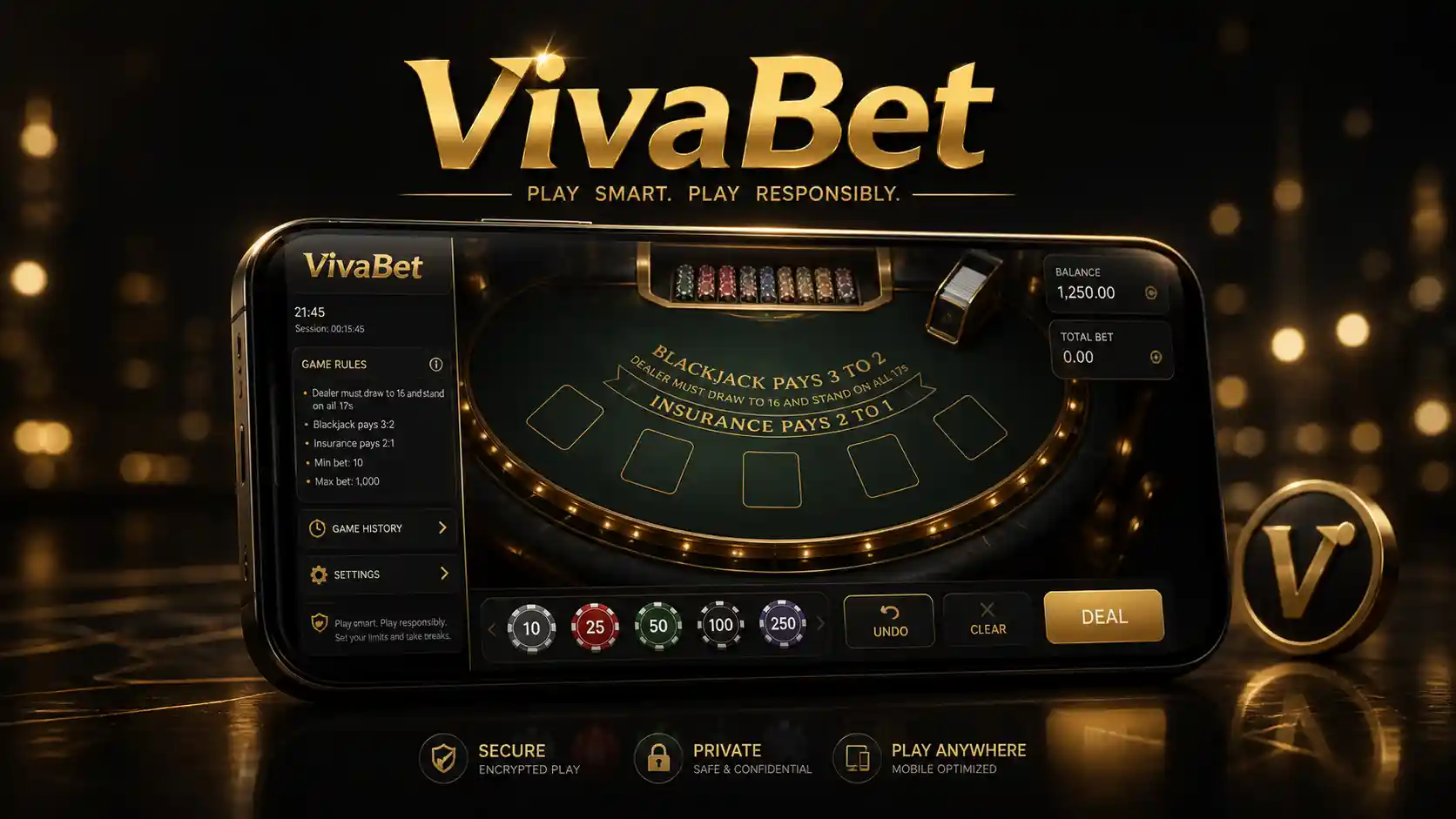 Mesa de casino móvil de Vivabet con controles e información visible