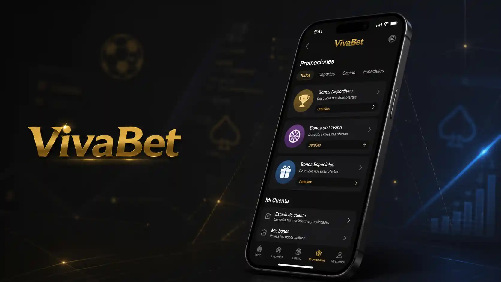 App de Vivabet mostrando el área móvil de promociones y bonos