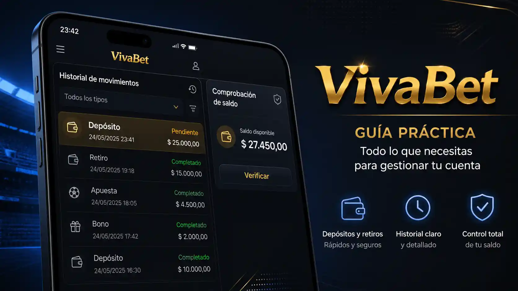Historial de depósito pendiente y revisión de saldo en la app de Vivabet